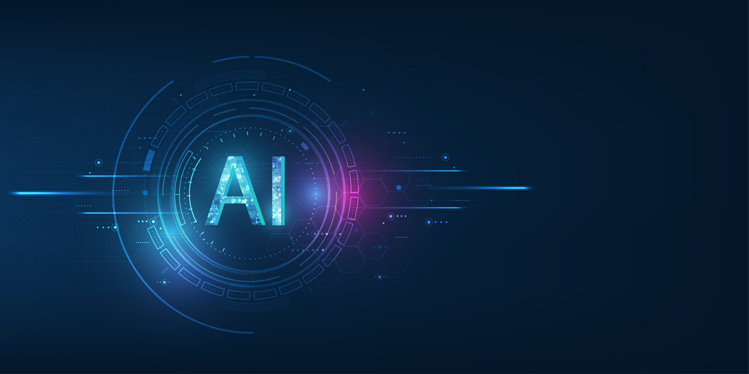 Abstract futuristic digital and technology on dark blue color background. AI(Artificial Intelligence) wording with the circuit design.