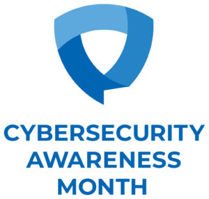 CAM logo with the text Cybersecurity Awareness Month beneath in blue front.