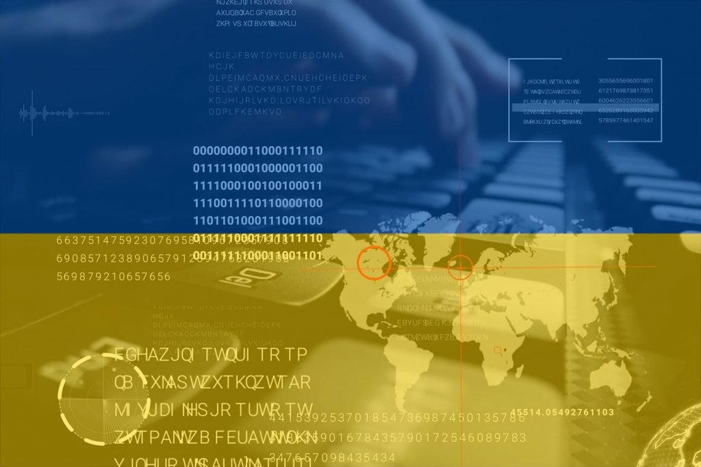 Ukrainian flag overlaid on an image depicting cyber activity