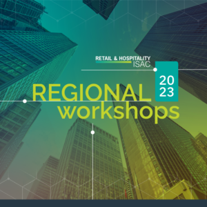 Illustration depicts multiple buildings in the background with the RH-ISAC logo in white font and the text “2023 Regional Workshops” centered in the foreground.