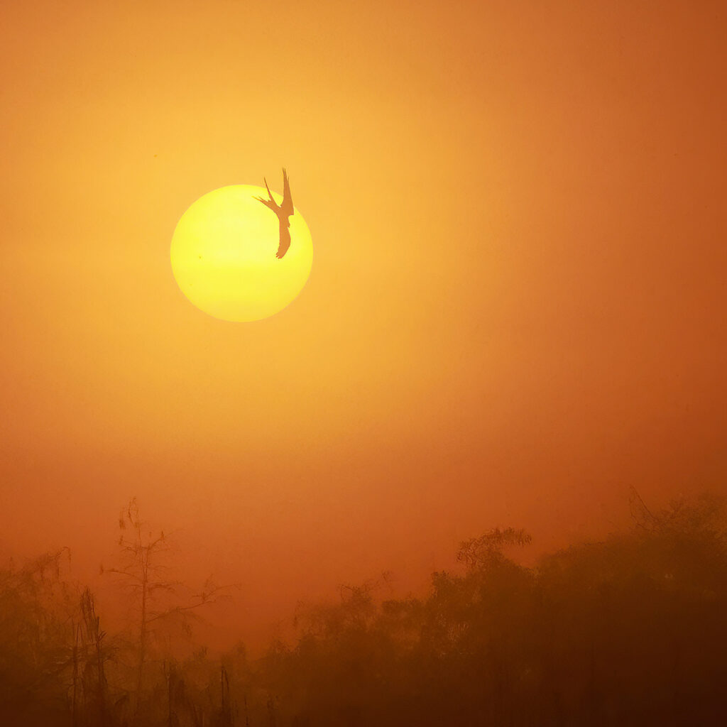 bird flying in front of sun
