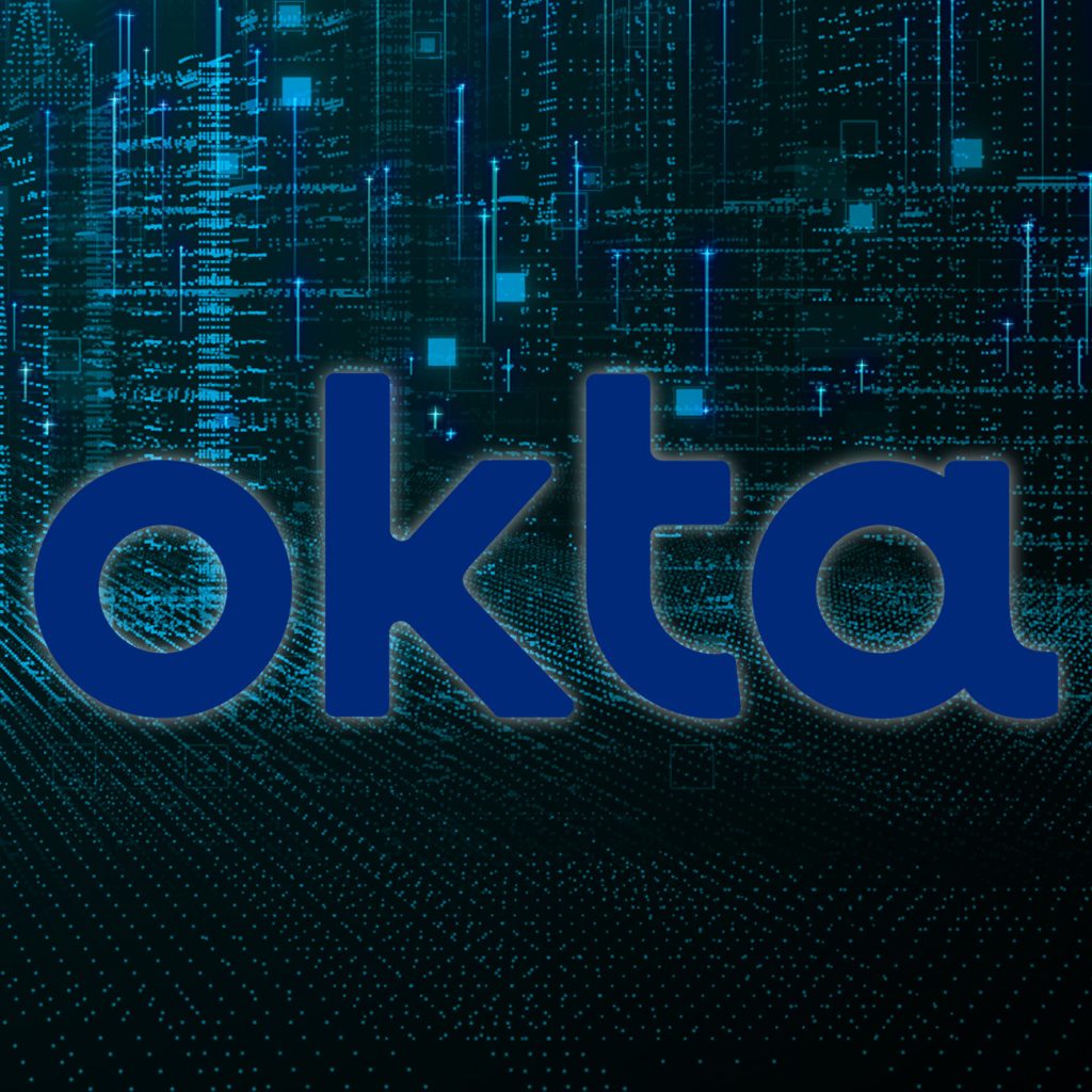 Okta logo overlaid on computer graphics